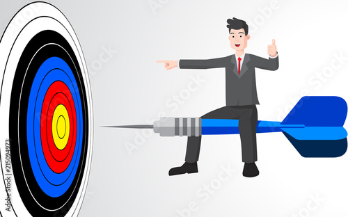 Businessman on dart shooting to target dart. Target business marketing concept. Vector flat style cartoon illustration on white background.