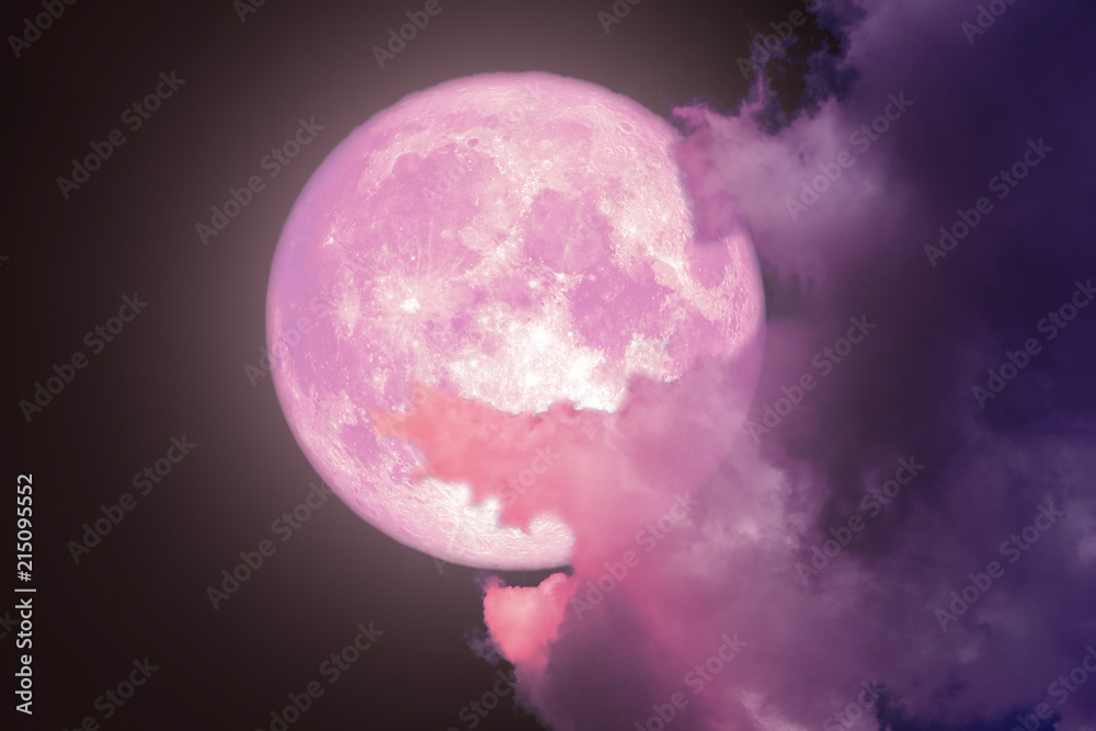 Naklejka premium super pełny różowy księżyc z powrotem sylwetka nocne niebo