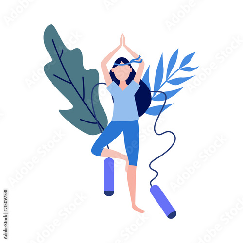 Cute slim girl standing doing yoga exercise before skipping on abstract floral background with skipping rope elements. Young woman and healthy lifestyle and harmony concept. Vector illustration