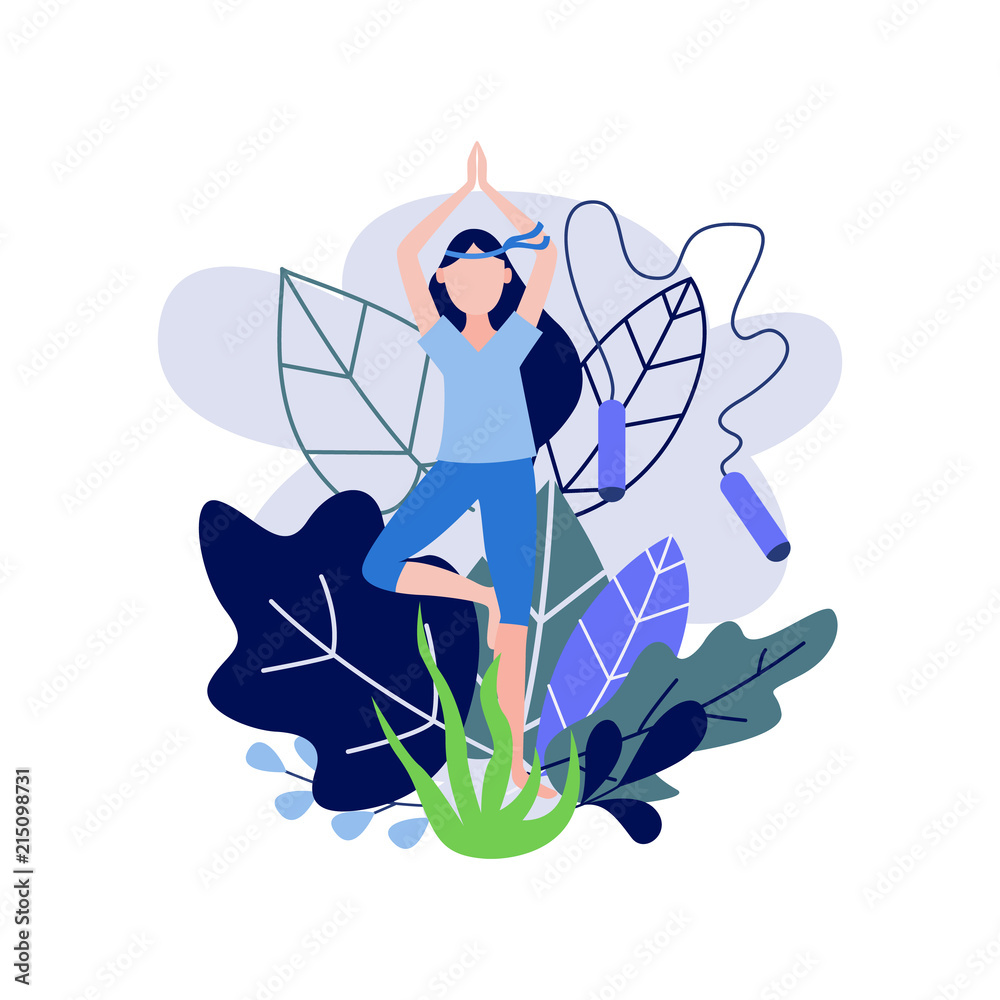 Young woman doing sports standing in tree pose isolated on white background with decorative leaves and sport equipment - flat vector illustration of female character practicing yoga. Young woman doing sports standing in tree pose isolated on white background with decorative leaves and sport equipment - flat vector illustration of female character practicing yoga.