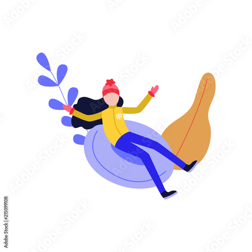 Flat girl in hat sledging at inflatable tube, snowtubing outdoors in winter in warm clothing and long black hairs on abstract floral elements background. Female character and leisure activity. Vector