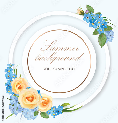 Floral background with roses, phloxes, blue forget me not and frame. Vector illustration