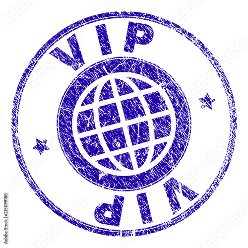 VIP stamp imprint with grunge texture. Blue vector rubber seal imprint of VIP label with grunge texture. Seal has words placed by circle and globe symbol.