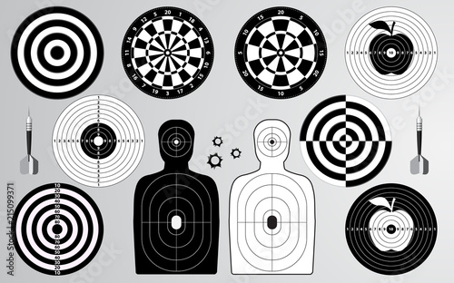 Set of target, shooting range, dartboard, man isolated, archery for sport practice training. Creative silhouette vector illustration.