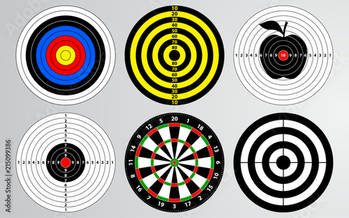 Set of shooting range target vector, dart board isolated, archery for gun game player target practice.