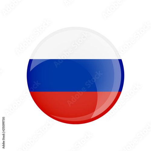 Russia flag in circle shape. Transparent, glossy, glass button.