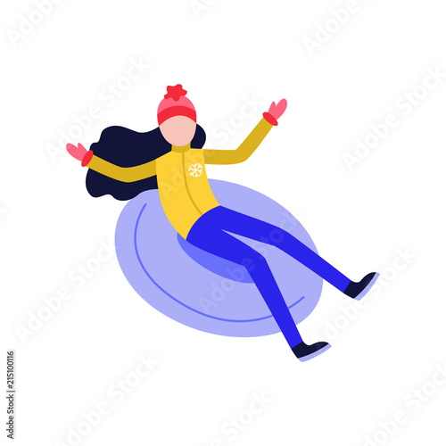 Flat girl in hat sledging at inflatable tube, snowtubing outdoors in winter in warm clothing and long black hairs. Female character, woman and leisure activity. Vector illustration.