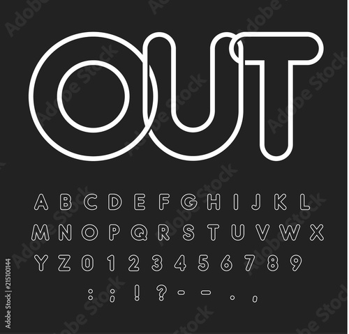 Contour alphabet, white letters on black background, outline style, modern typeface design, vector font template, uppercase letters, neon tube, monogram and logo template.
