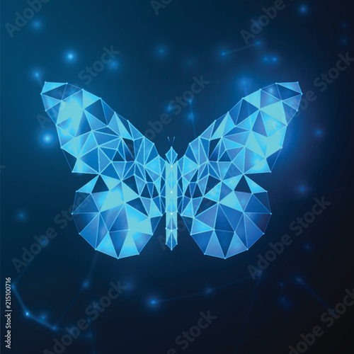 Abstract blue futuristic butterfly low polygon. Technology with polygonal shapes on dark blue background. Wallpaper and logo concept. Molecules and Network connection node theme. Vector Illustration.