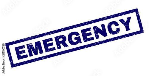 Rectangle EMERGENCY seal stamp with distress texture. Rubber seal imitation has rectangle frame. Blue vector rubber print of EMERGENCY label with corroded texture.
