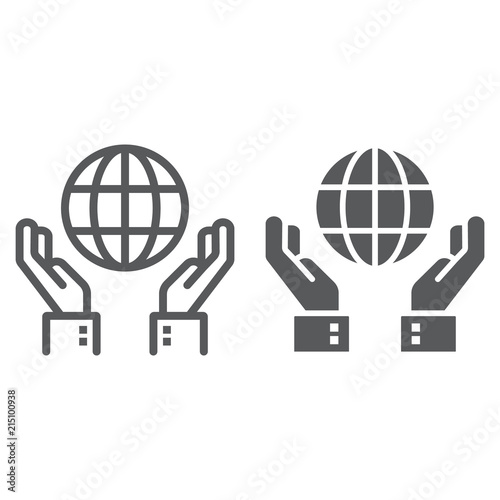 Biosphere conservation line and glyph icon, ecology and energy, hands holding earth sign, vector graphics, a linear pattern on a white background, eps 10.