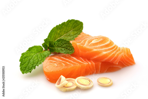 Salmon fillet, peppermint and lemon grass isolated on white background.