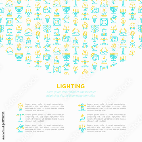 Lighting concept with thin line icons: bulb, LED, CFL, candle, table lamp, sunlight, spotlight, flash, candelabrum, bonfire, menorah, lighthouse. Modern vector illustration, print media template.