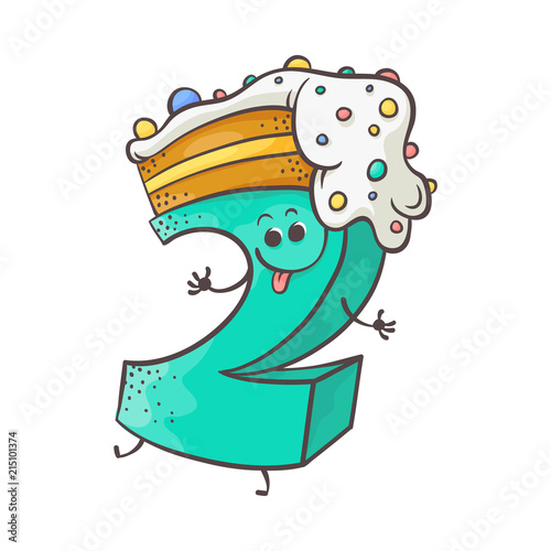 Cute cookie number two 2 character with delicious cake, biscuit at his head. Typographic humanized symbol with hands, arm and face emotions. Kids birthday holiday party font sign. Vector illustration