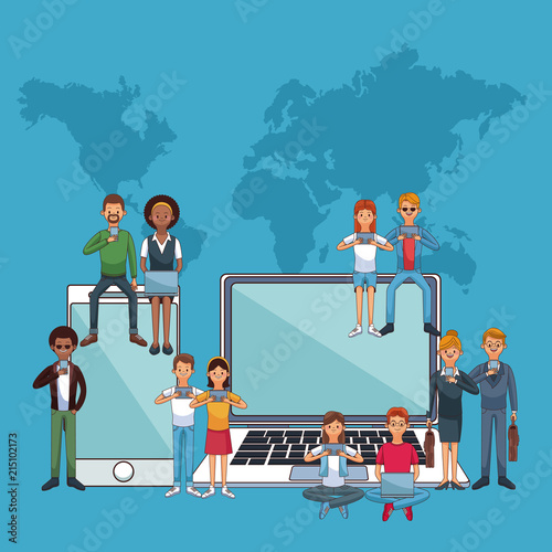 People around the world with smartphone and laptop vector illustration graphic design photo