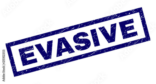 Rectangle EVASIVE seal print with distress texture. Rubber seal imitation has rectangular frame. Blue vector rubber print of EVASIVE caption with corroded texture.