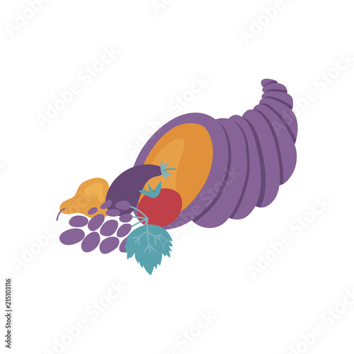 Violet cornucopia full of ripe vegetables and fruits in flat style isolated on white background - traditional symbol of food abundance for thanksgiving day design in vector illustration.