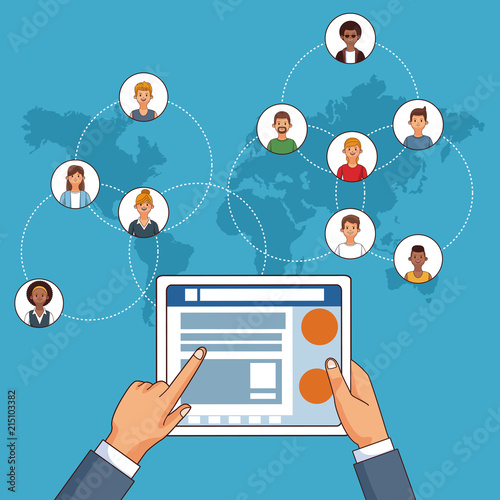Hands using tablet to check social network vector illustration graphic design