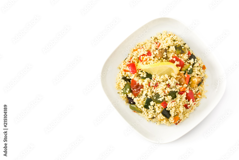 Fototapeta Couscous with vegetables isolated on white background. Top view. Copyspace