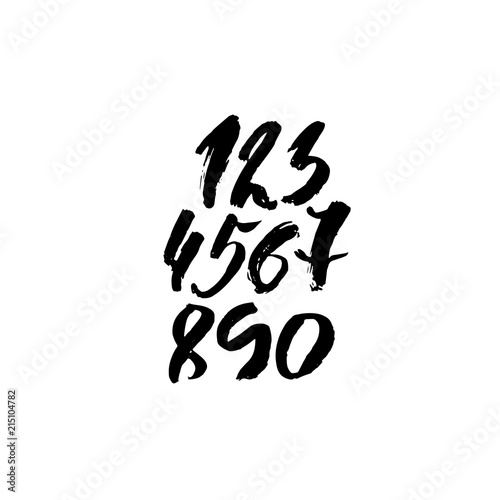 Set of calligraphic ink numbers. Textured dry brush lettering. Vector illustration.