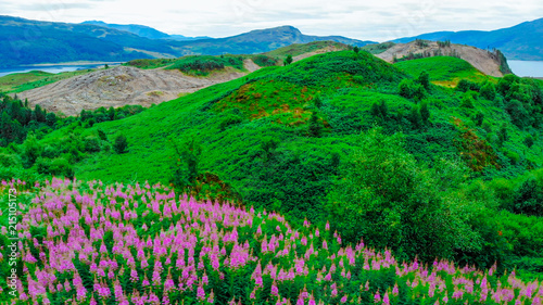 Wonderful landscape and green hills around Loch Long in Scotland