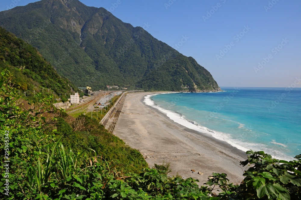 Beautiful Beach with railway and Landscape near Suhua Highway in Winter in Hualien, Taiwan