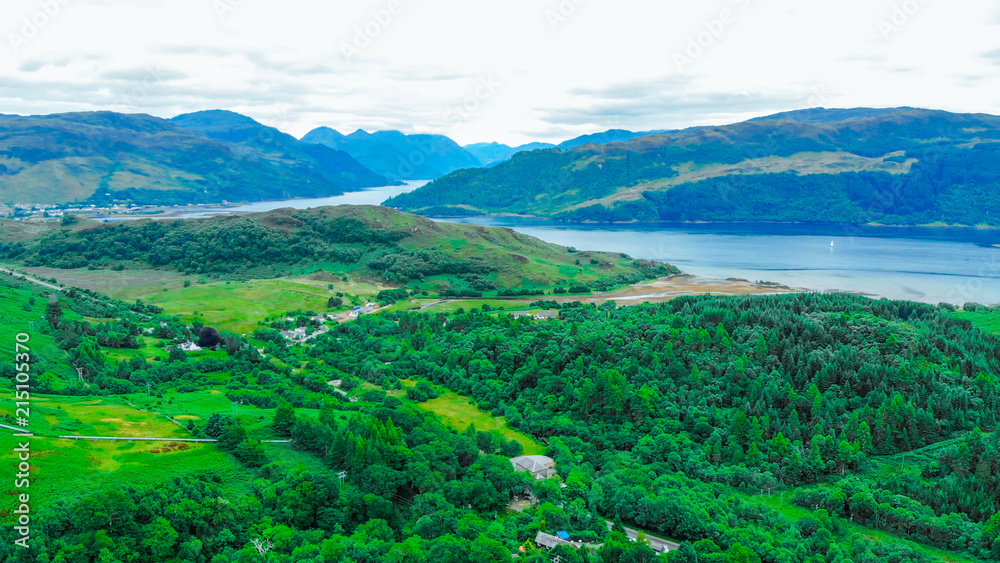 Wonderful landscape and green hills around Loch Long in Scotland