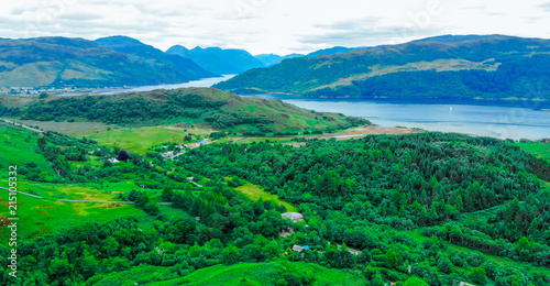 Wonderful landscape and green hills around Loch Long in Scotland