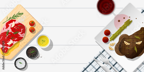 Raw fresh meat and grilled meat rib eye steak on white table , healthy food background , vector , illustration