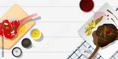 Raw fresh meat and grilled meat tomahawk steak on white table , healthy food background , vector , illustration