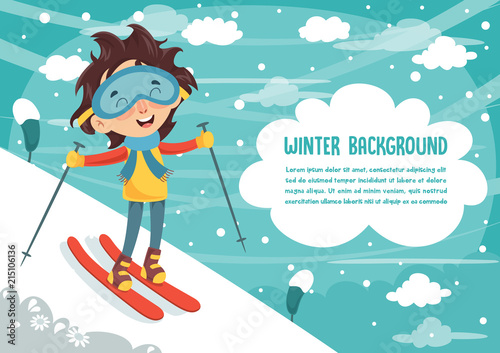 Vector Illustration Of Kid Skiing