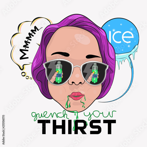 Picture for t-shirt, clothing, poster, postcard, sticker, printing. The girl's face with glasses with the reflection of the hand holding a bottle of juice. The inscription-quench your thirst. Ice.