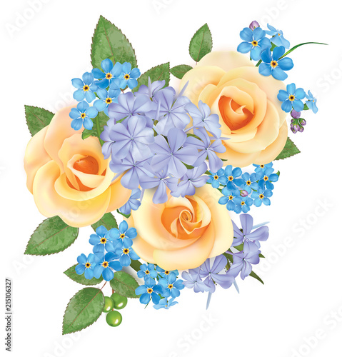 Bouquet of roses, blue forget me not and phloxes. Vector illustration