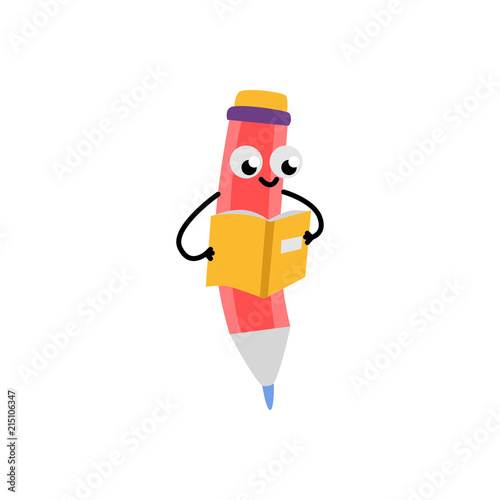 Cute red pencil character with eraser reading yellow textbook smiling. Happy humanized education and back to school symbols with arms, legs facial emotions. Vector isolated illustration