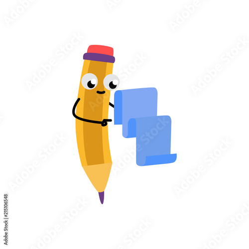 Cute yellow pencil character with eraser holding blue scroll smiling. Happy humanized education and back to school symbols with arms, legs facial emotions. Vector isolated illustration