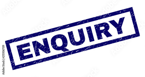 Rectangle ENQUIRY seal print with distress texture. Rubber seal imitation has rectangle frame. Blue vector rubber print of ENQUIRY title with retro texture.