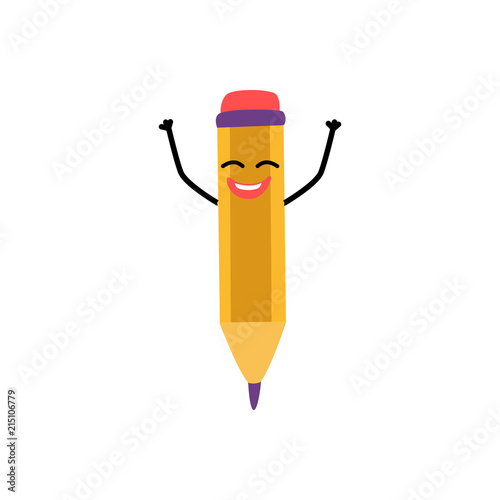 Cute yellow pencil character with eraser raising hands up smiling. Happy humanized education and back to school symbols with arms, legs facial emotions. Vector isolated illustration