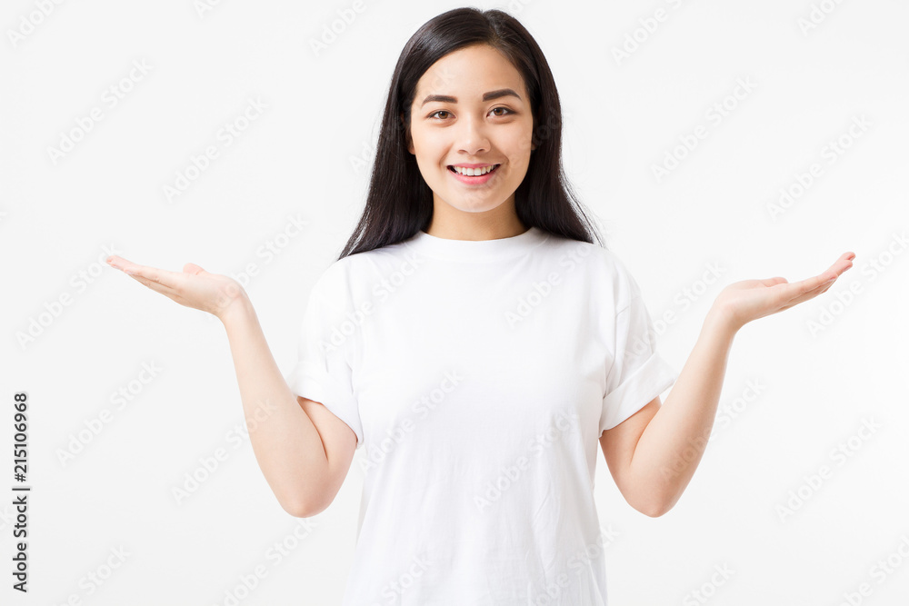 Asian girl in tshirt isolated on white background. Copy space. Japanese young woman. Mock up. Summer clothes blank template white t shirt. Asian girl in tshirt isolated on white background. Copy space. Japanese young woman. Mock up. Summer clothes blank template white t shirt.