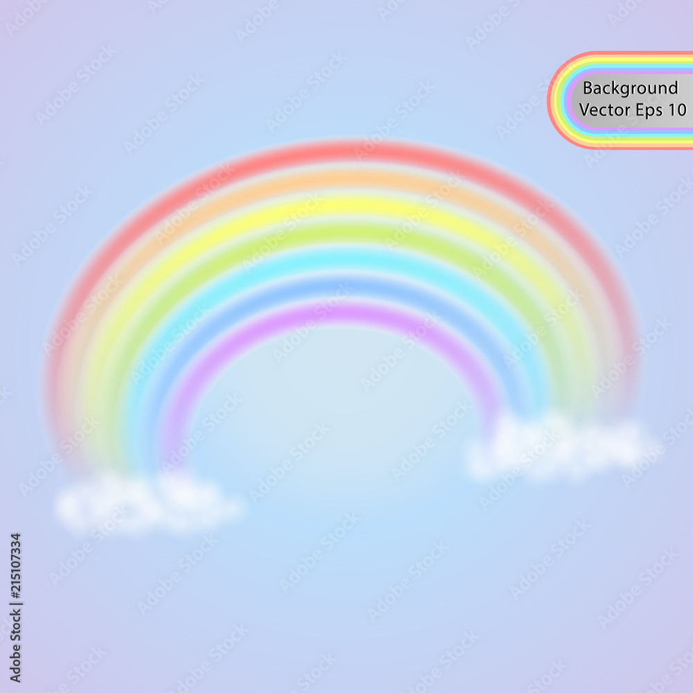 Rainbow in the clouds. Realistic rainbow effect in the form of an arch in a gentle color palette. Vector illustration of a summer symbol. Rainbow in the clouds. Realistic rainbow effect in the form of an arch in a gentle color palette. Vector illustration of a summer symbol.