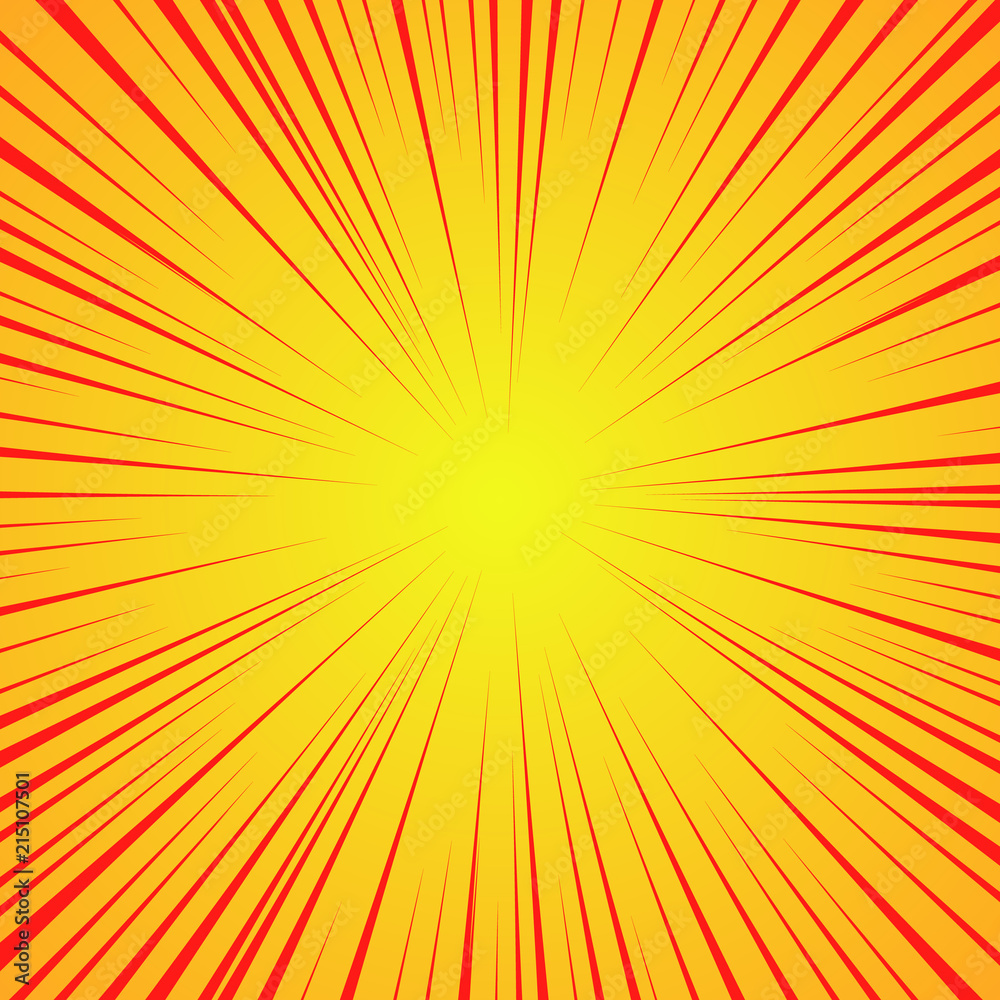 Radial red lines on a yellow background. Comic book speed, explosion. Abstract. Vector illustration for graphic design. Radial red lines on a yellow background. Comic book speed, explosion. Abstract. Vector illustration for graphic design.