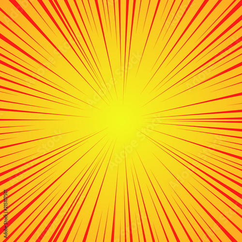 Radial red lines on a yellow background. Comic book speed, explosion. Abstract. Vector illustration for graphic design.