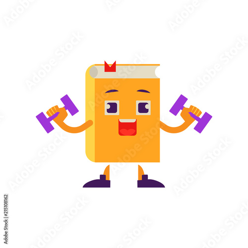 Cartoon book character athlete working out in gym doing dumbbell exercise. Vector humanized sport textbook for kindergarten, preschool and school kids design.