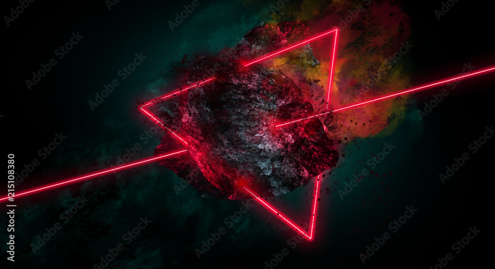 Space abstract background, burning comet, flash, laser through the stone, bright colors
