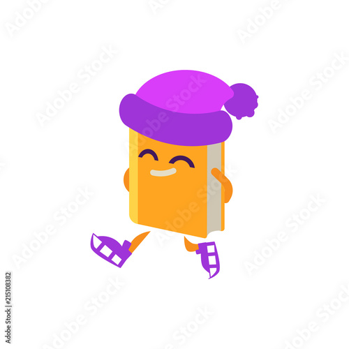 Cartoon book character athlete ice-skating in hat with smile at face. Vector humanized sport textbook with arms, legs for kindergarten, preschool and school kids design.