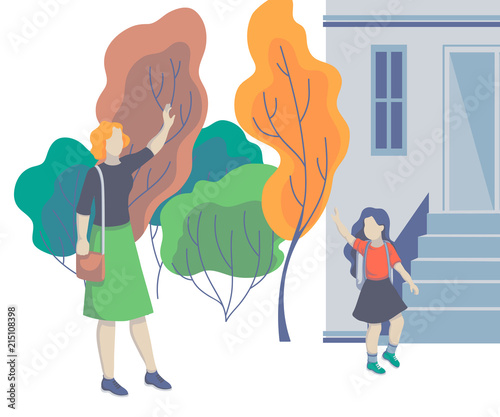Mom and daughter waving hands at each other. Parent taking child to school. Back to school. Concept of friendly family. Vector illustration 
