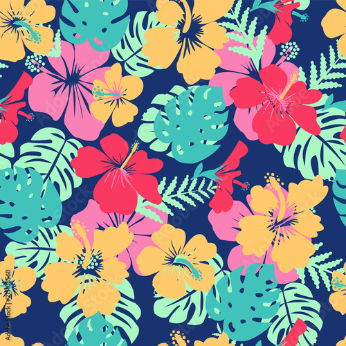 tropical leaves and flowers hibiscus flower hawaii summer background. photo