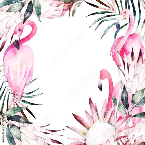 Summer colorful frame with flamingo, palm leaves and flowers. Watercolor hand...