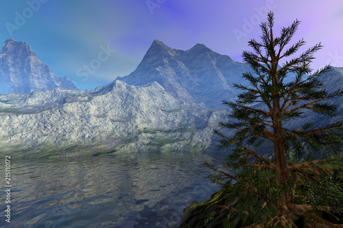 Mountains, a rocky landscape, reflection on water, a coniferous tree and hazy sky.