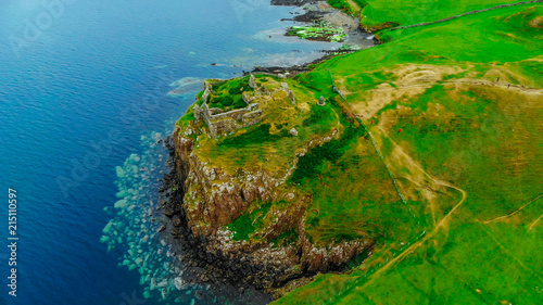 The ruins of Duntulm Castle on the Isle of Skye - aerial view photo