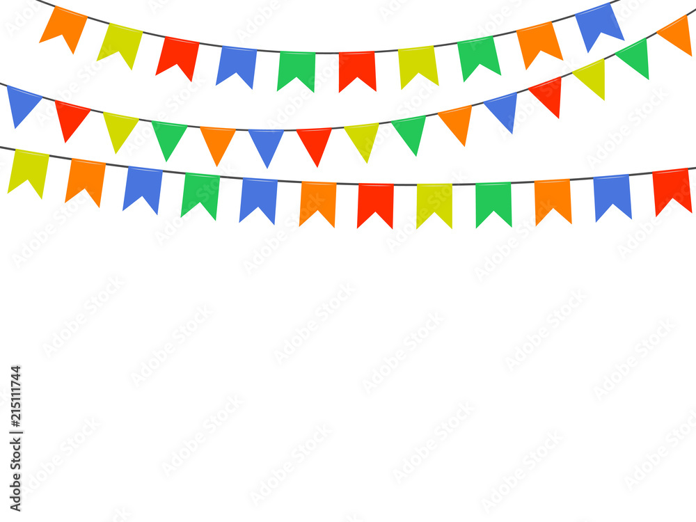 Festive colorful bright flags, garlands of Bunting isolated on white background. Vector elements for design.